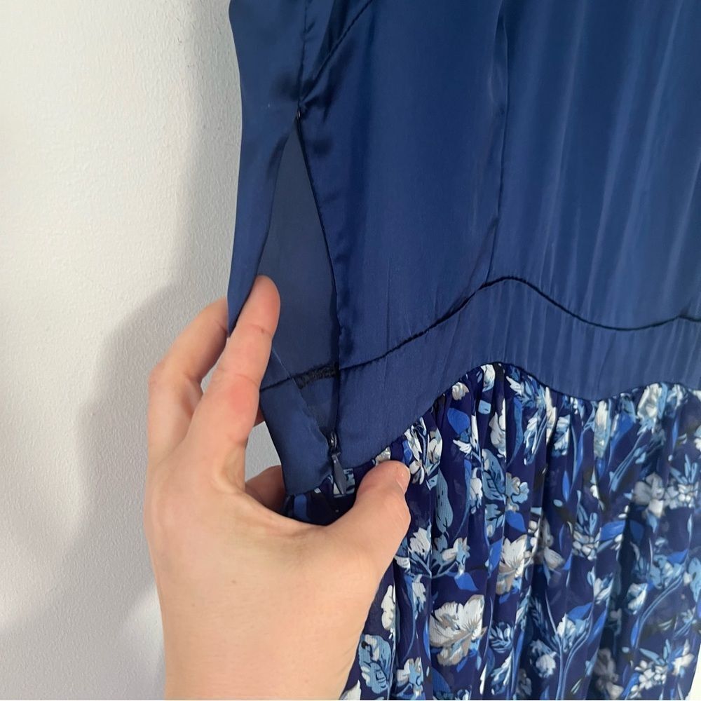 Navy Blue Floral Chiffon Maxi Dress Coastal Cottagecore XL” - Picture 6 of 7